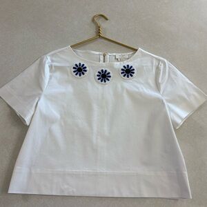 Kate Spade Blouse White Blue Pop Over Short Sleeve Back Zip Crop Top NWOT Medium